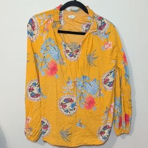 BUCKETLIST Peasant Blouse Yellow Blue Floral Boho Cotton Relaxed Women's Size L
